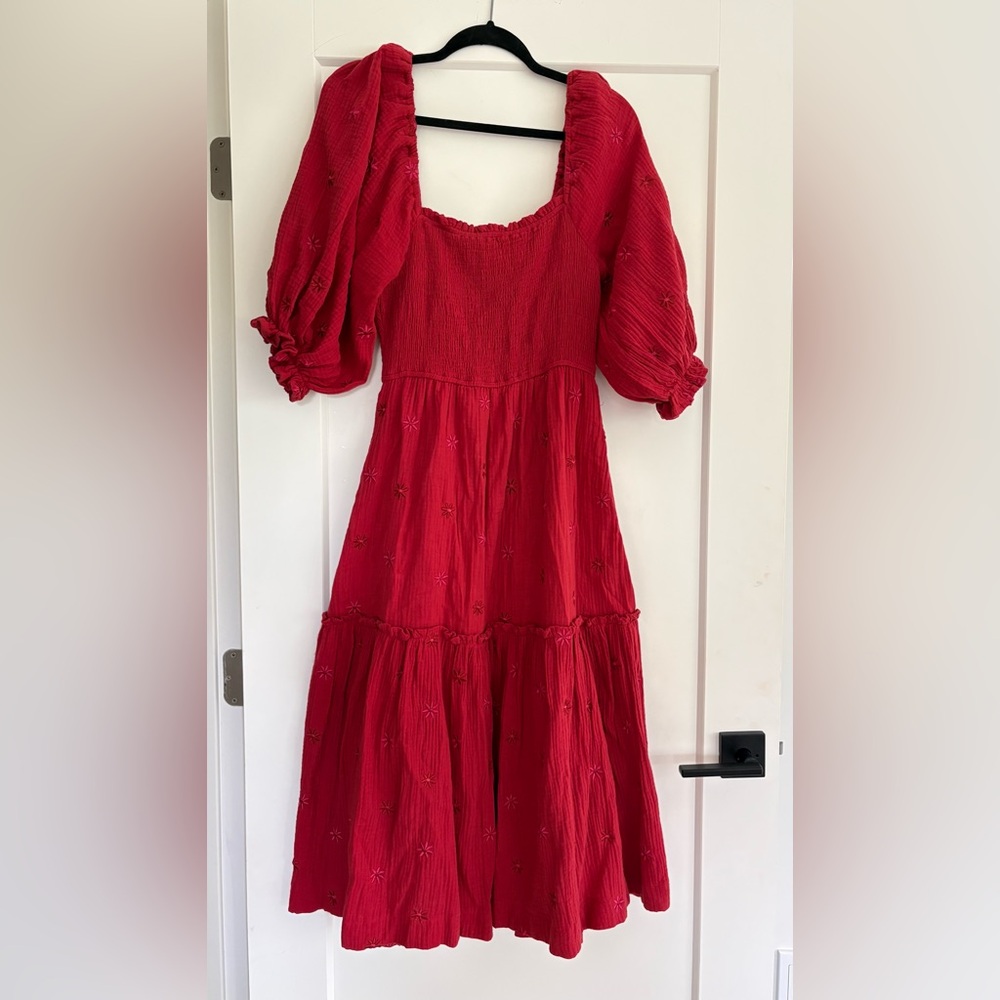 Piper & Scoot Just Me Red Embroidered Midi Dress | Size Small | NWOT